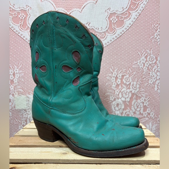 Shoes - Upcycled Turquoise Cowboy Boots – Size 8.5
